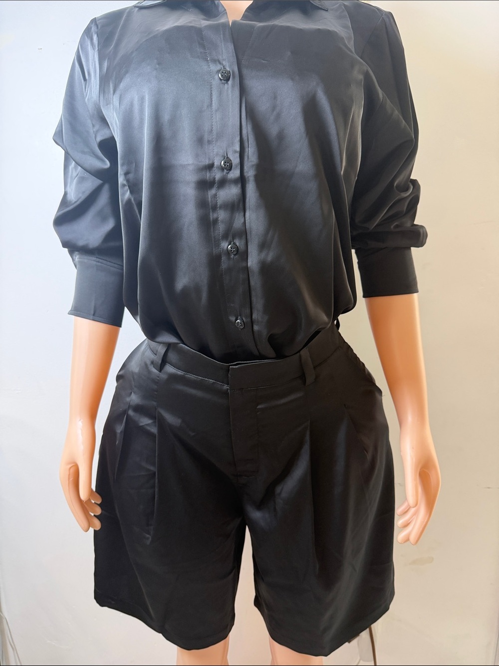 Satin Black Button-Up Blouse with Black Tailored Shorts Set